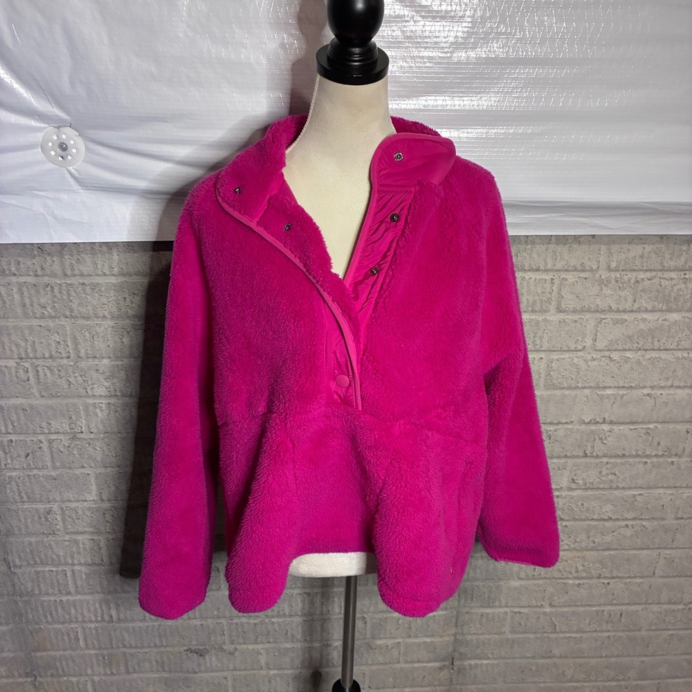 Lou & Grey Upstate Sherpa Fleece Pullover Magenta Pink Snap Neck Sweatshirt L